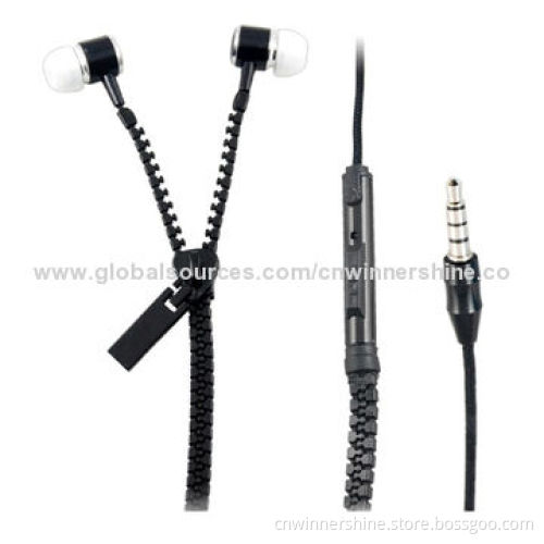Earphones for iPhone, iPad with Fashionable Metallic Zipper, 3.5mm Plug, Super Bass/Tangle-free, OEM